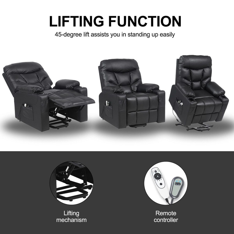 Electric Recliner Chair Lift Massage 8 Point Heated Massaging Lounge Sofa Leather Armchair Power Riser Assist Senior Elderly Aged Care Single Black