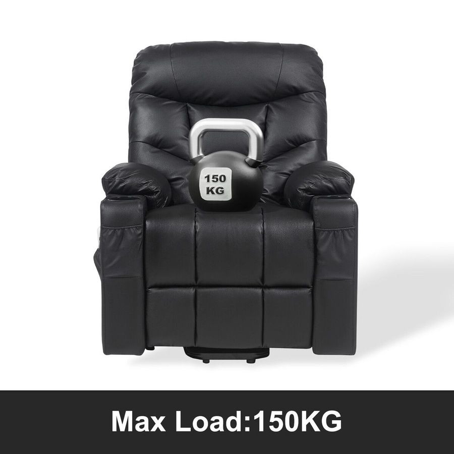 Electric Recliner Chair Lift Massage 8 Point Heated Massaging Lounge Sofa Leather Armchair Power Riser Assist Senior Elderly Aged Care Single Black
