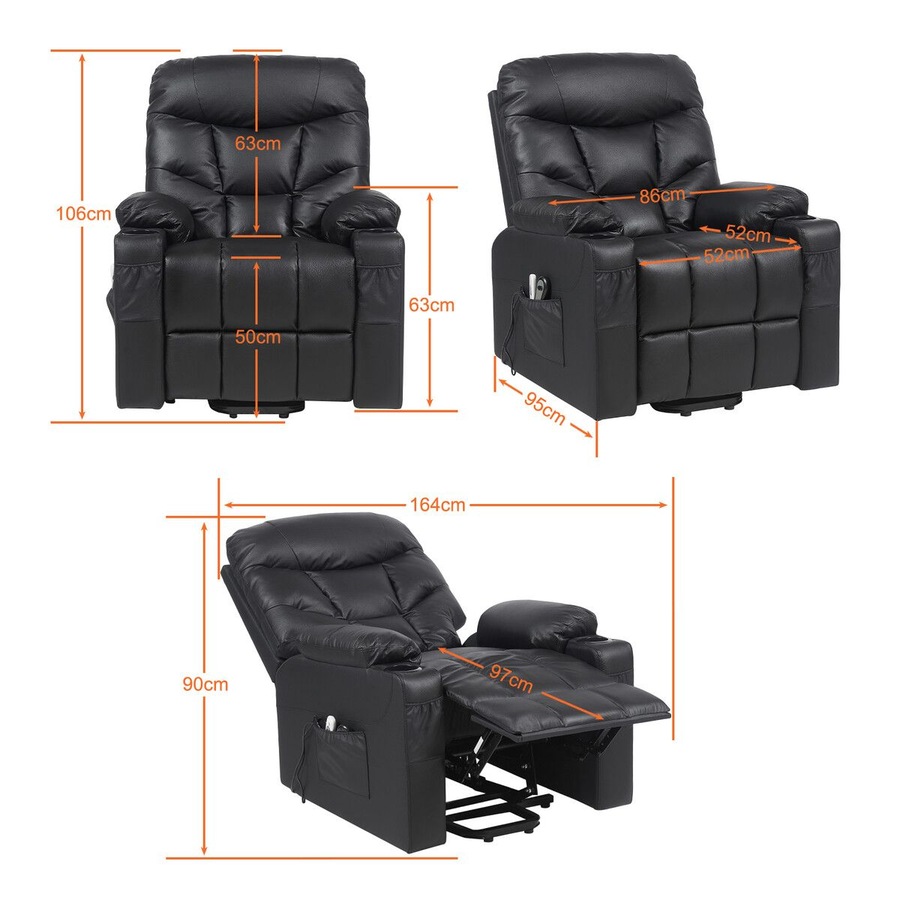 Electric Recliner Chair Lift Massage 8 Point Heated Massaging Lounge Sofa Leather Armchair Power Riser Assist Senior Elderly Aged Care Single Black