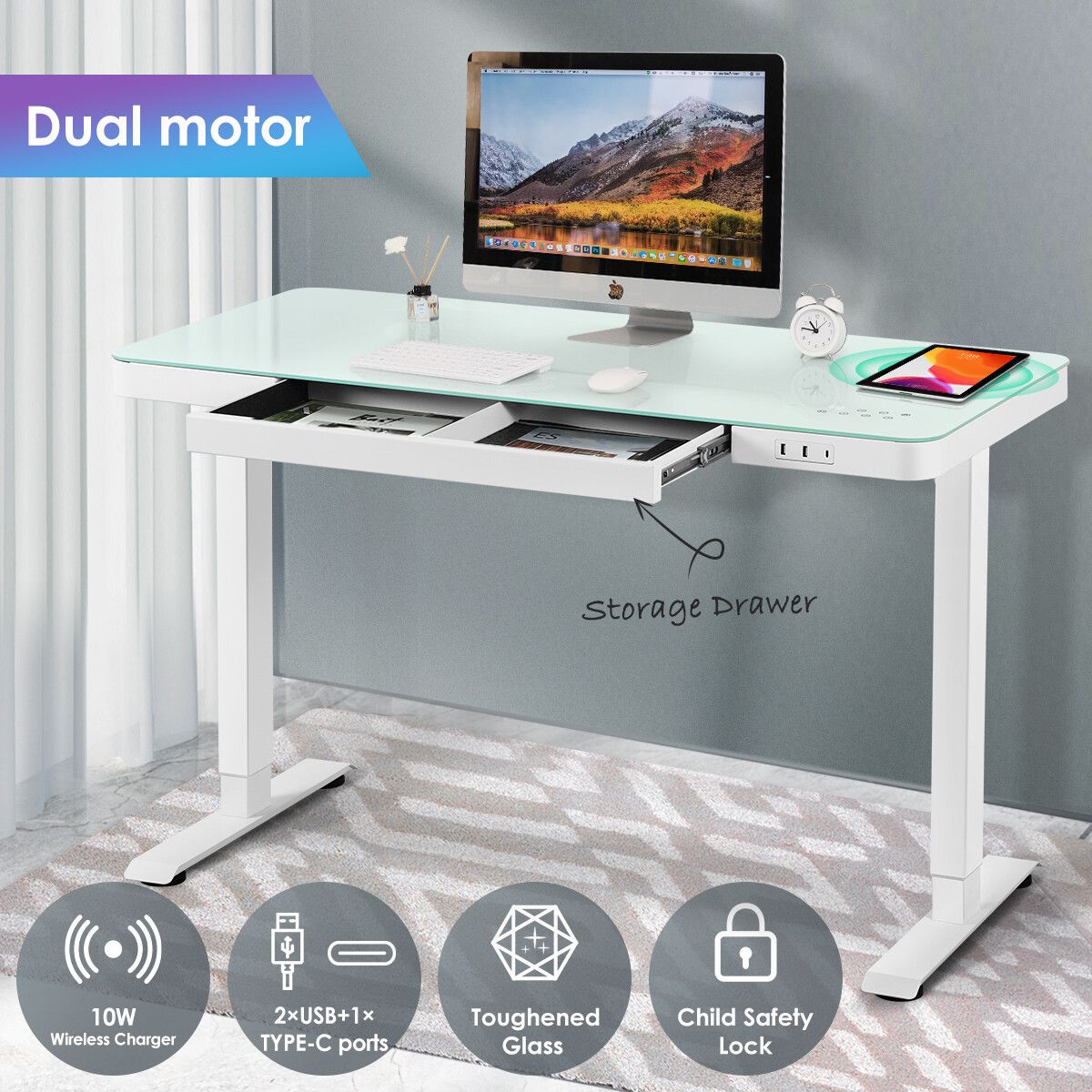 adjustable standing desk with wireless charging