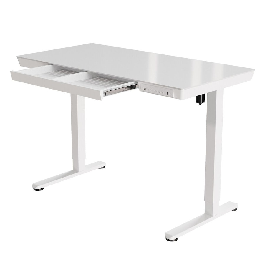 Electric Standing Desk Sit Stand Up Table Motorised Height Adjustable Rising White Tempered Glass Top Computer Office Sturdy Workstation USB Type C