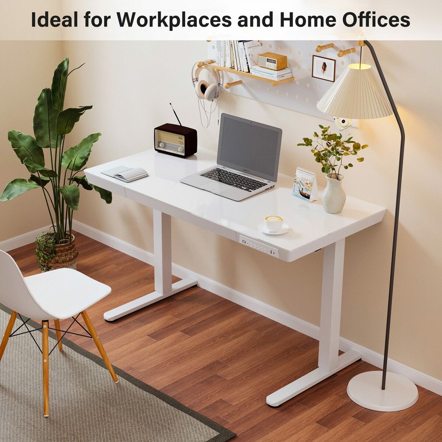 Electric Standing Desk Sit Stand Up Table Motorised Height Adjustable Rising White Tempered Glass Top Computer Office Sturdy Workstation USB Type C