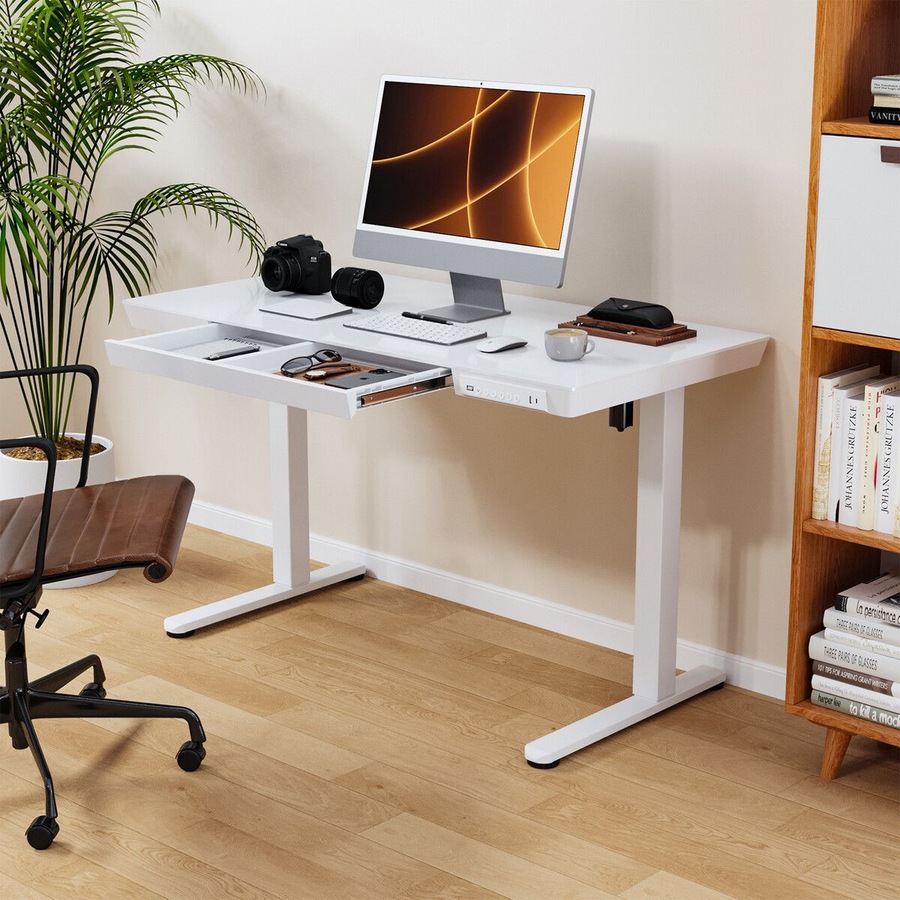 Electric Standing Desk Sit Stand Up Table Motorised Height Adjustable Rising White Tempered Glass Top Computer Office Sturdy Workstation USB Type C