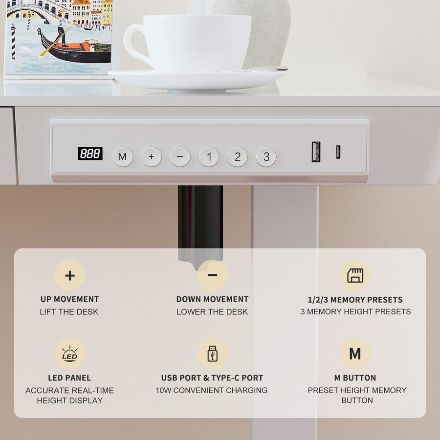 Electric Standing Desk Sit Stand Up Table Motorised Height Adjustable Rising White Tempered Glass Top Computer Office Sturdy Workstation USB Type C