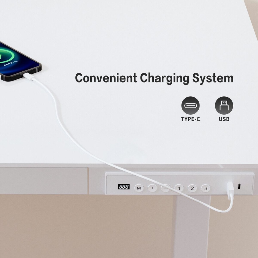 Electric Standing Desk Sit Stand Up Table Motorised Height Adjustable Rising White Tempered Glass Top Computer Office Sturdy Workstation USB Type C