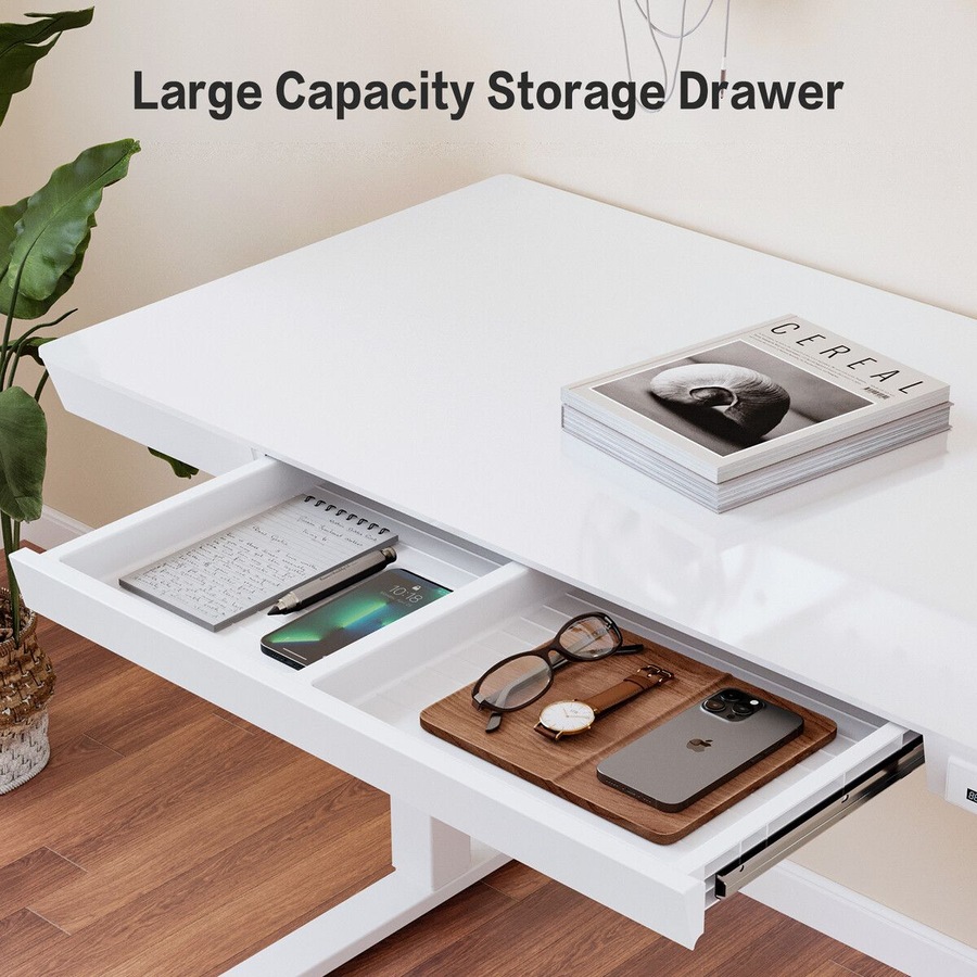 Electric Standing Desk Sit Stand Up Table Motorised Height Adjustable Rising White Tempered Glass Top Computer Office Sturdy Workstation USB Type C