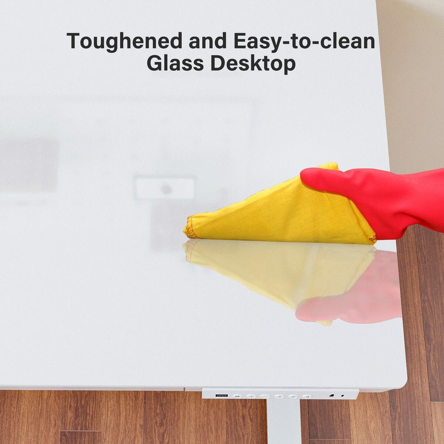 Electric Standing Desk Sit Stand Up Table Motorised Height Adjustable Rising White Tempered Glass Top Computer Office Sturdy Workstation USB Type C