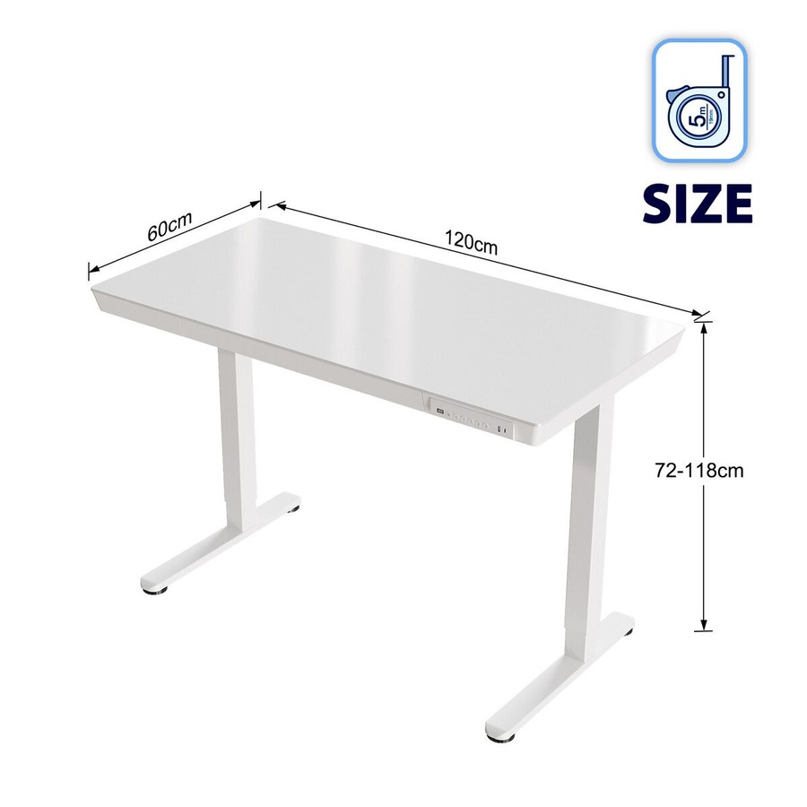 Electric Standing Desk Sit Stand Up Table Motorised Height Adjustable Rising White Tempered Glass Top Computer Office Sturdy Workstation USB Type C