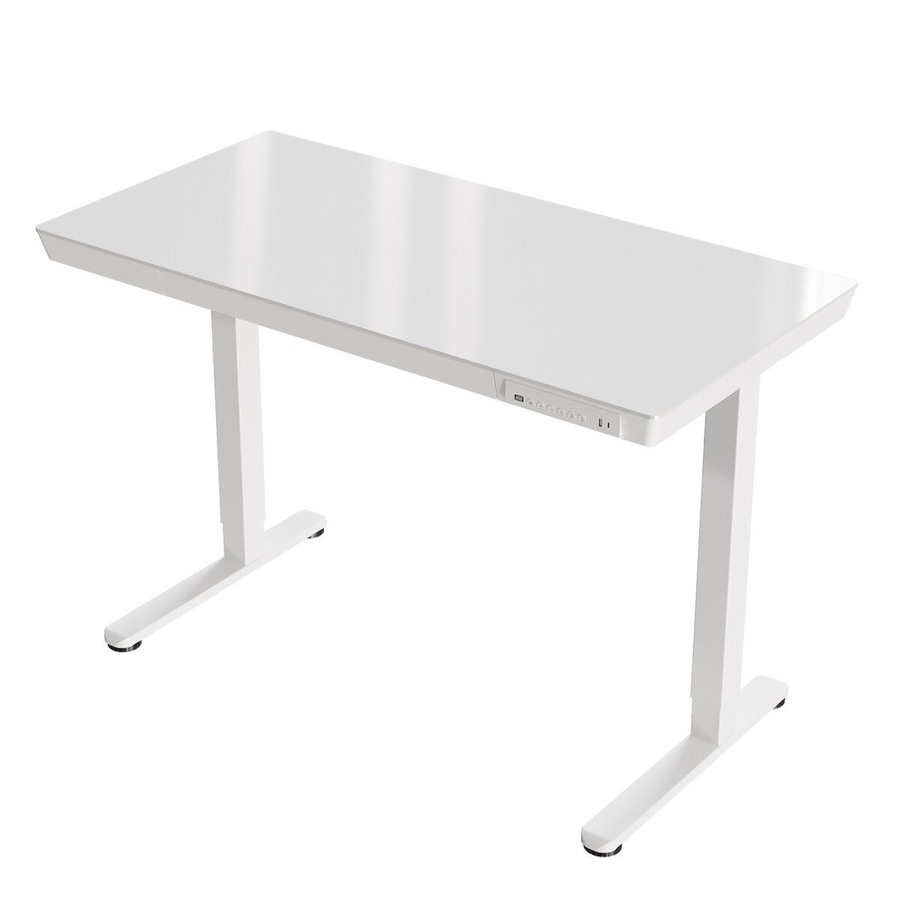 Electric Standing Desk Sit Stand Up Table Motorised Height Adjustable Rising White Tempered Glass Top Computer Office Sturdy Workstation USB Type C