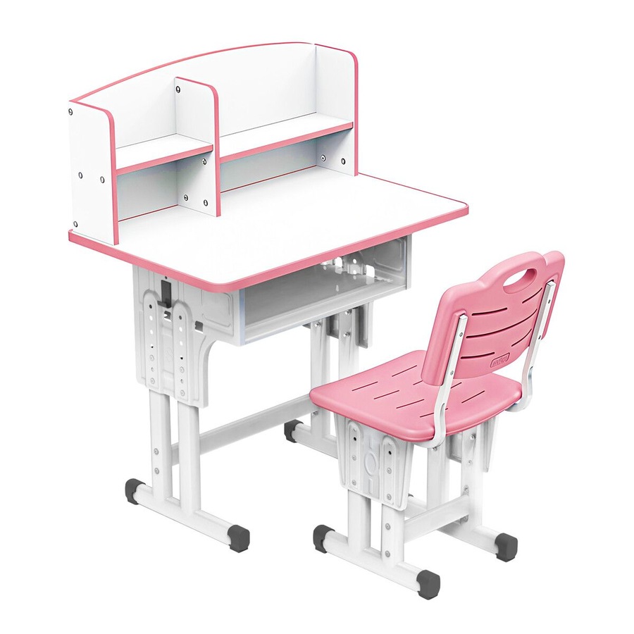 Ergonomic Study Desk and Chair Set Kids Childrens Writing Table Seat Height Adjustable Home School Students Bookshelf Open Storage Drawer Side Hook