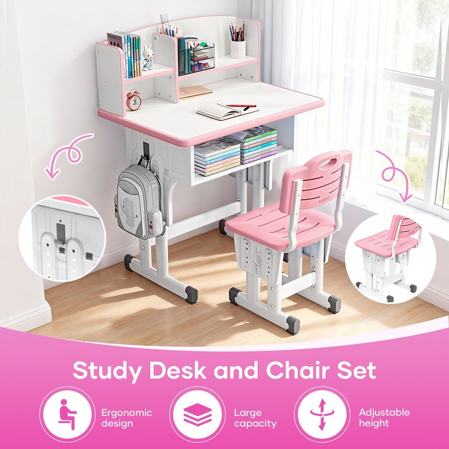 Ergonomic Study Desk and Chair Set Kids Childrens Writing Table Seat Height Adjustable Home School Students Bookshelf Open Storage Drawer Side Hook