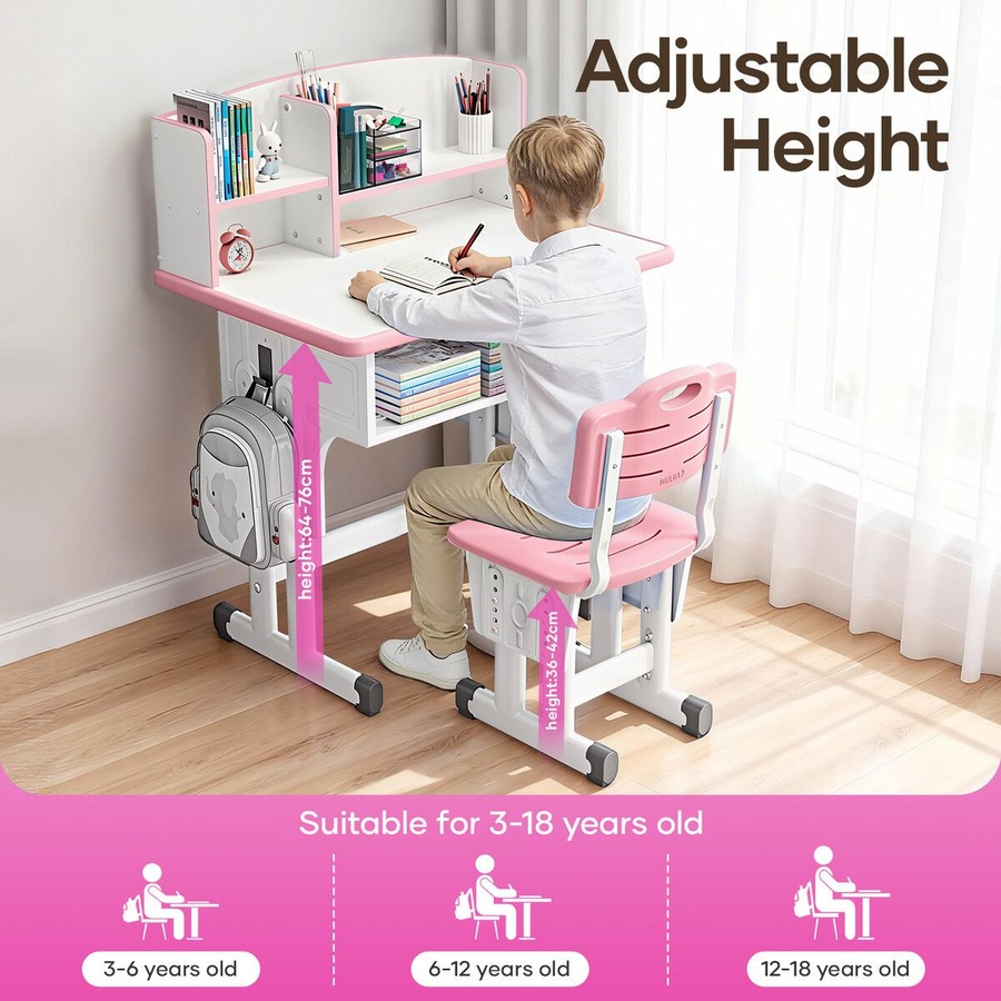 Ergonomic Study Desk and Chair Set Kids Childrens Writing Table Seat Height Adjustable Home School Students Bookshelf Open Storage Drawer Side Hook