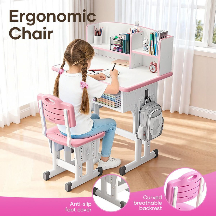 Ergonomic Study Desk and Chair Set Kids Childrens Writing Table Seat Height Adjustable Home School Students Bookshelf Open Storage Drawer Side Hook