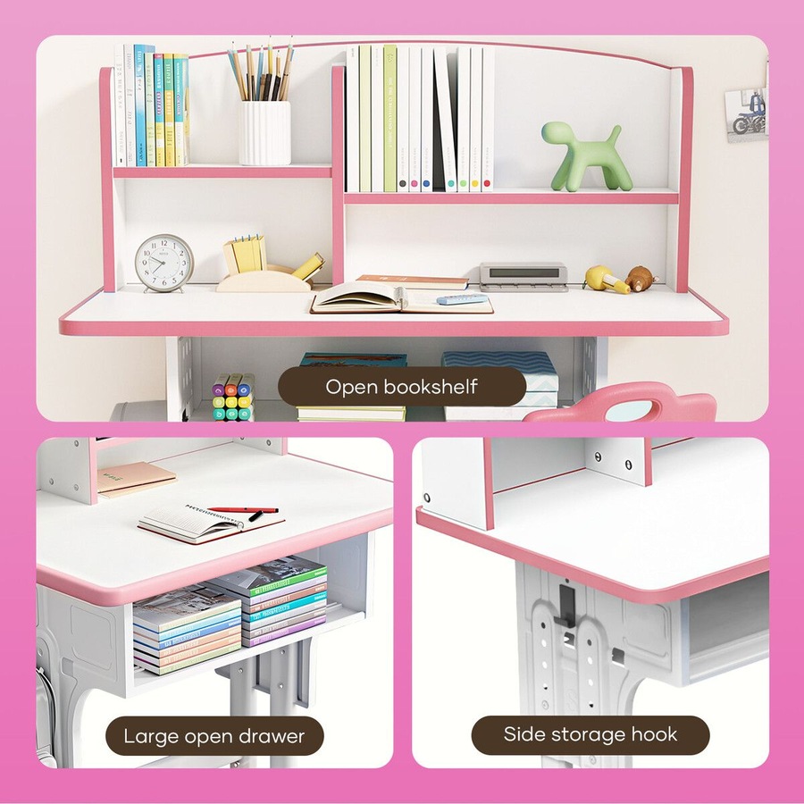 Ergonomic Study Desk and Chair Set Kids Childrens Writing Table Seat Height Adjustable Home School Students Bookshelf Open Storage Drawer Side Hook