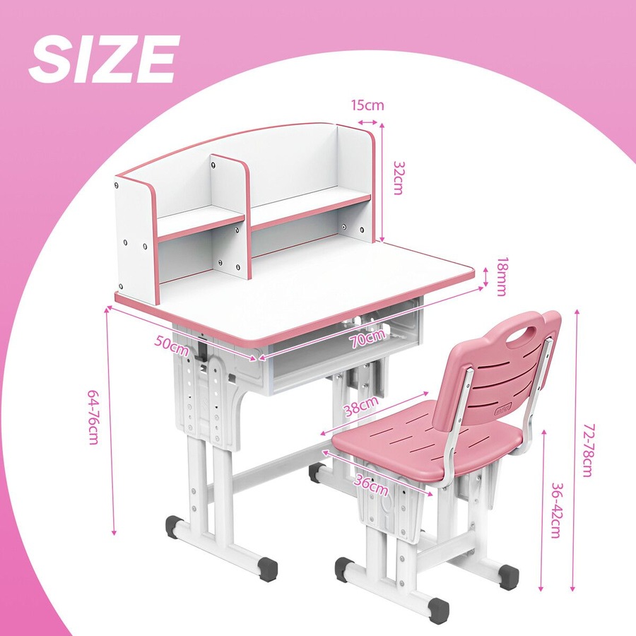 Ergonomic Study Desk and Chair Set Kids Childrens Writing Table Seat Height Adjustable Home School Students Bookshelf Open Storage Drawer Side Hook