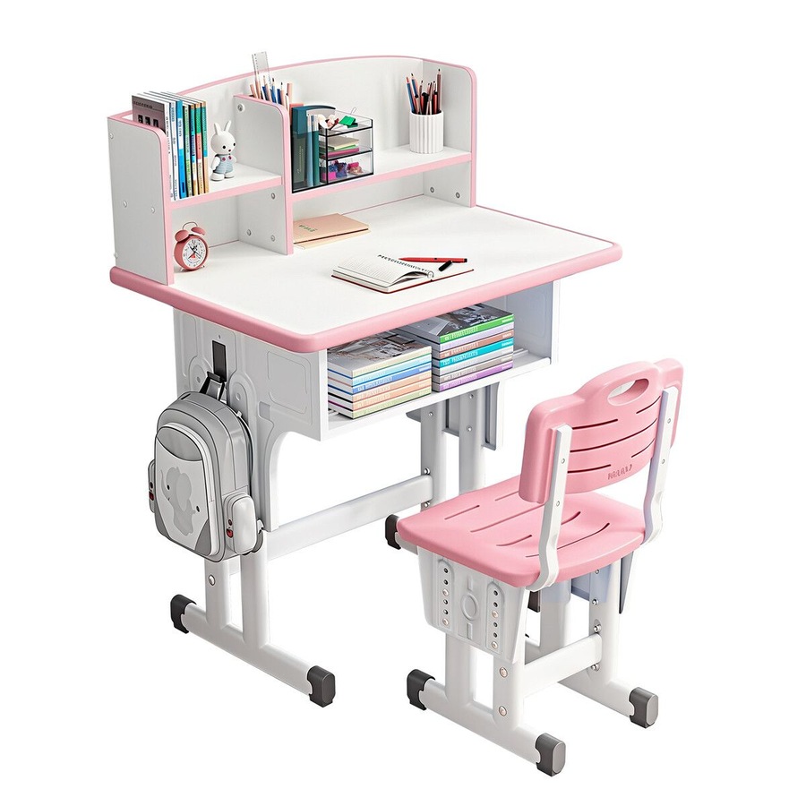 Ergonomic Study Desk and Chair Set Kids Childrens Writing Table Seat Height Adjustable Home School Students Bookshelf Open Storage Drawer Side Hook