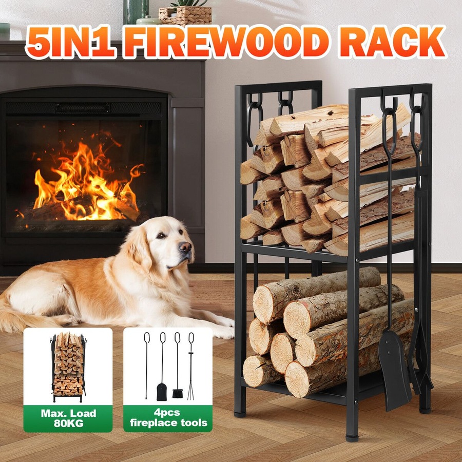 Buy Fire Place Tool Kit 5in1 Firewood Storage Rack Firepit Wood Holder ...