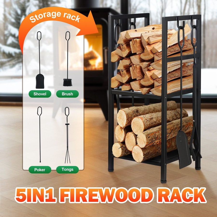 Buy Fire Place Tool Kit 5in1 Firewood Storage Rack Firepit Wood Holder ...