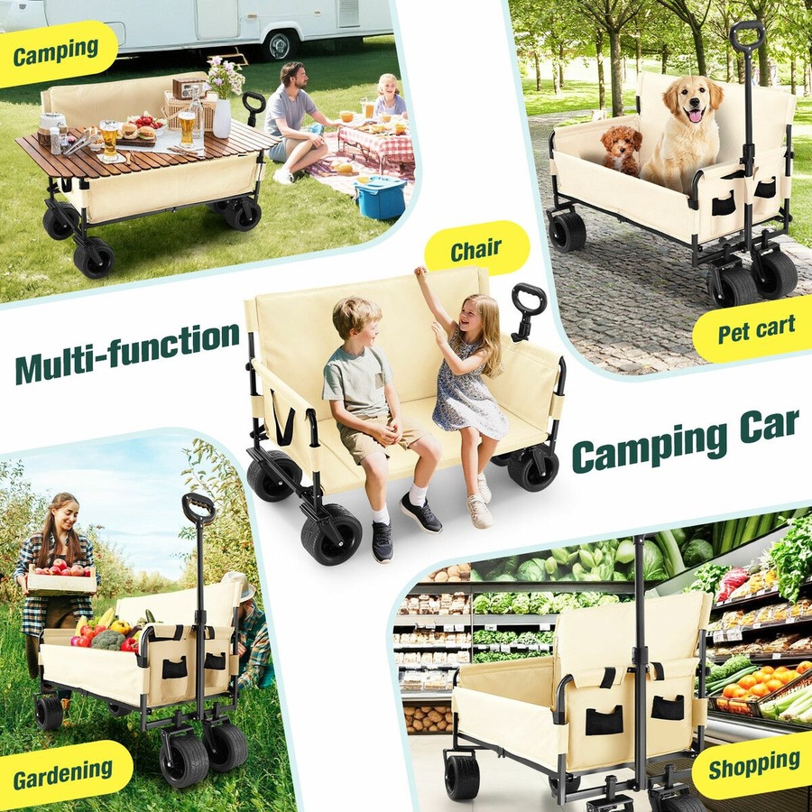 Foldable Beach Trolley Cart Wagon Utility Trailer Garden Outdoor Picnic Camping Shopping Luggage Sports Market Barrow Grocery Collapsible Wheels 150kg