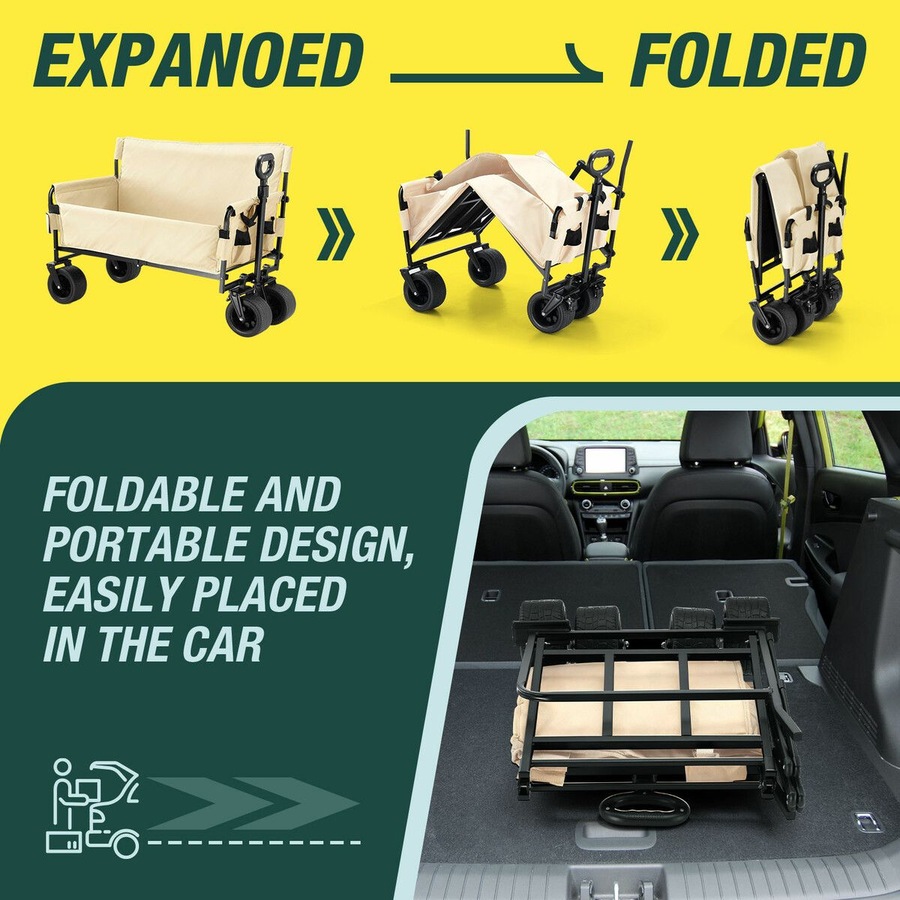 Foldable Beach Trolley Cart Wagon Utility Trailer Garden Outdoor Picnic Camping Shopping Luggage Sports Market Barrow Grocery Collapsible Wheels 150kg