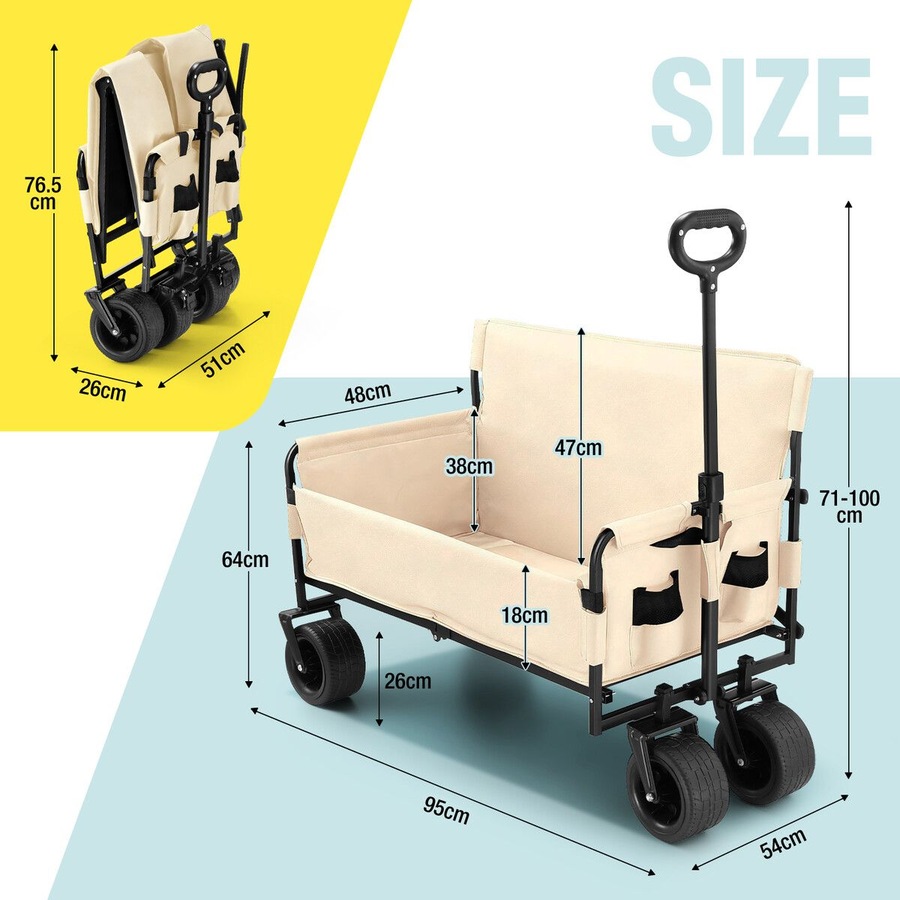 Foldable Beach Trolley Cart Wagon Utility Trailer Garden Outdoor Picnic Camping Shopping Luggage Sports Market Barrow Grocery Collapsible Wheels 150kg