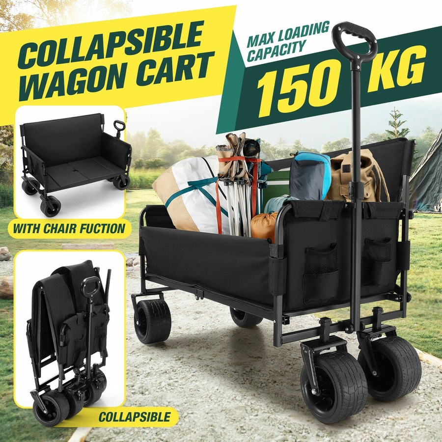 Foldable Beach Trolley Wagon Cart Utility Trailer Garden Outdoor Picnic Camping Shopping Luggage Sports Market Barrow Grocery Collapsible Wheels 150kg