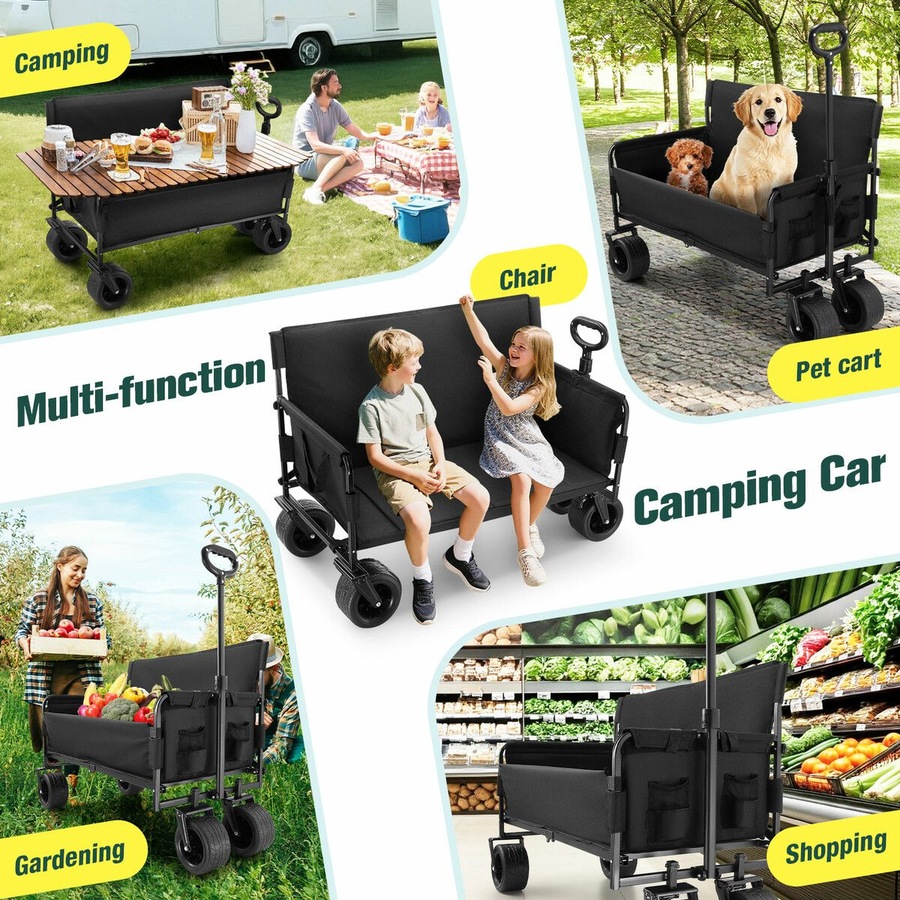Foldable Beach Trolley Wagon Cart Utility Trailer Garden Outdoor Picnic Camping Shopping Luggage Sports Market Barrow Grocery Collapsible Wheels 150kg