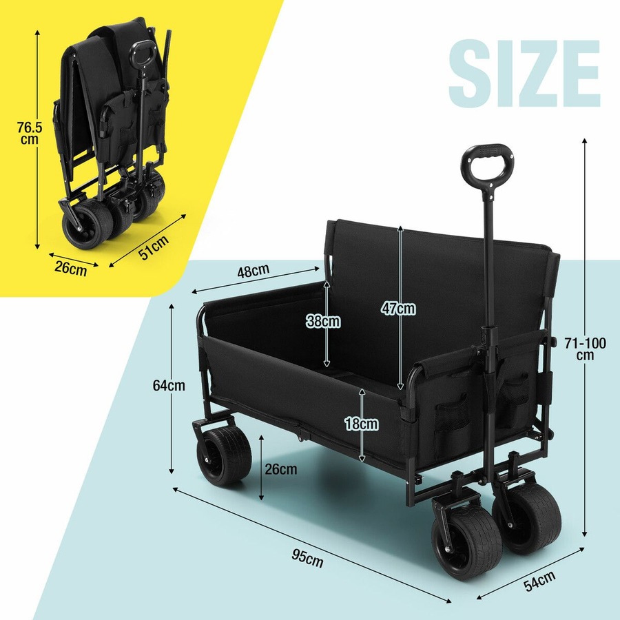 Foldable Beach Trolley Wagon Cart Utility Trailer Garden Outdoor Picnic Camping Shopping Luggage Sports Market Barrow Grocery Collapsible Wheels 150kg