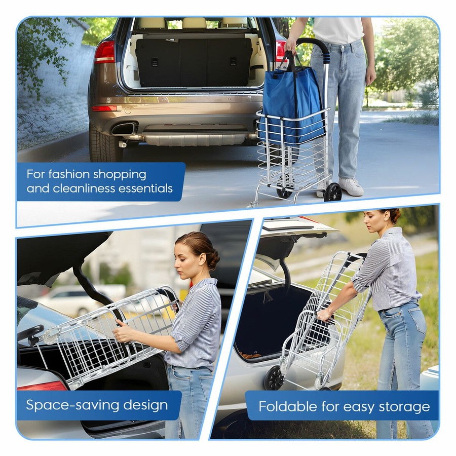 Foldable Shopping Trolley Cart Grocery Bag Storage Basket Waterproof Aluminium Wheeled Utility Granny Market Luggage Dolly Collapsible Folding Portable