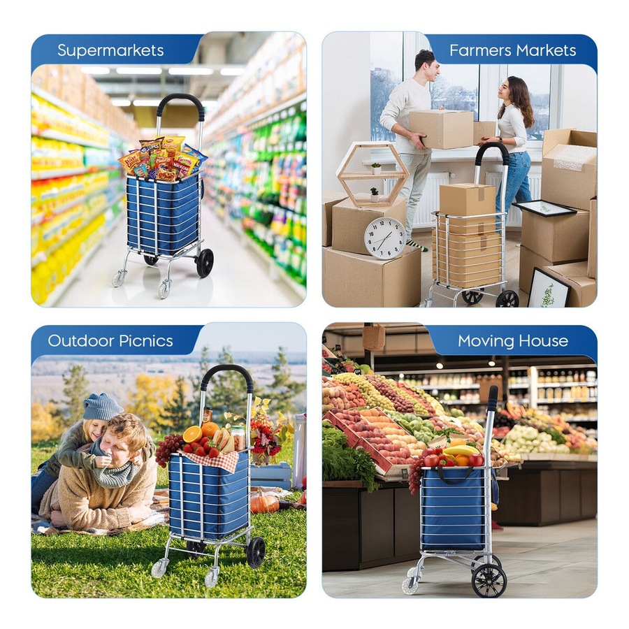 Foldable Shopping Trolley Cart Grocery Bag Storage Basket Waterproof Aluminium Wheeled Utility Granny Market Luggage Dolly Collapsible Folding Portable
