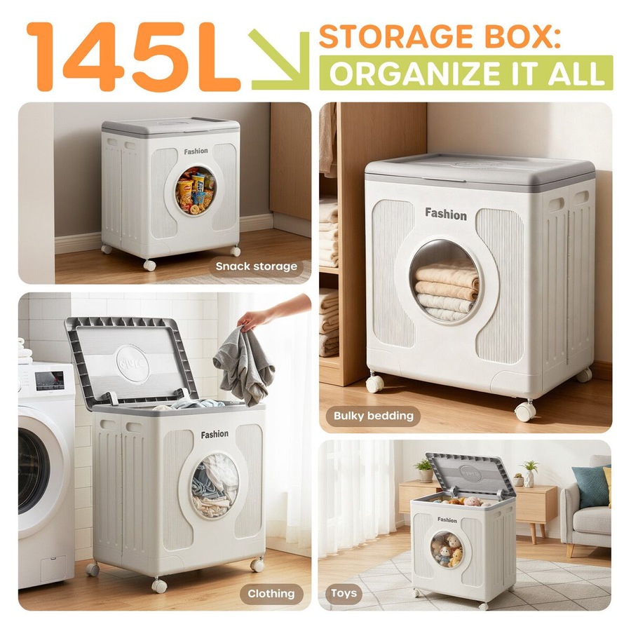 Foldable Storage Box Bin Large Plastic Collapsible Container Organiser Home Playroom for Kids Toys Stuffed Animal Clothes Bedding with Lid Wheels 145L