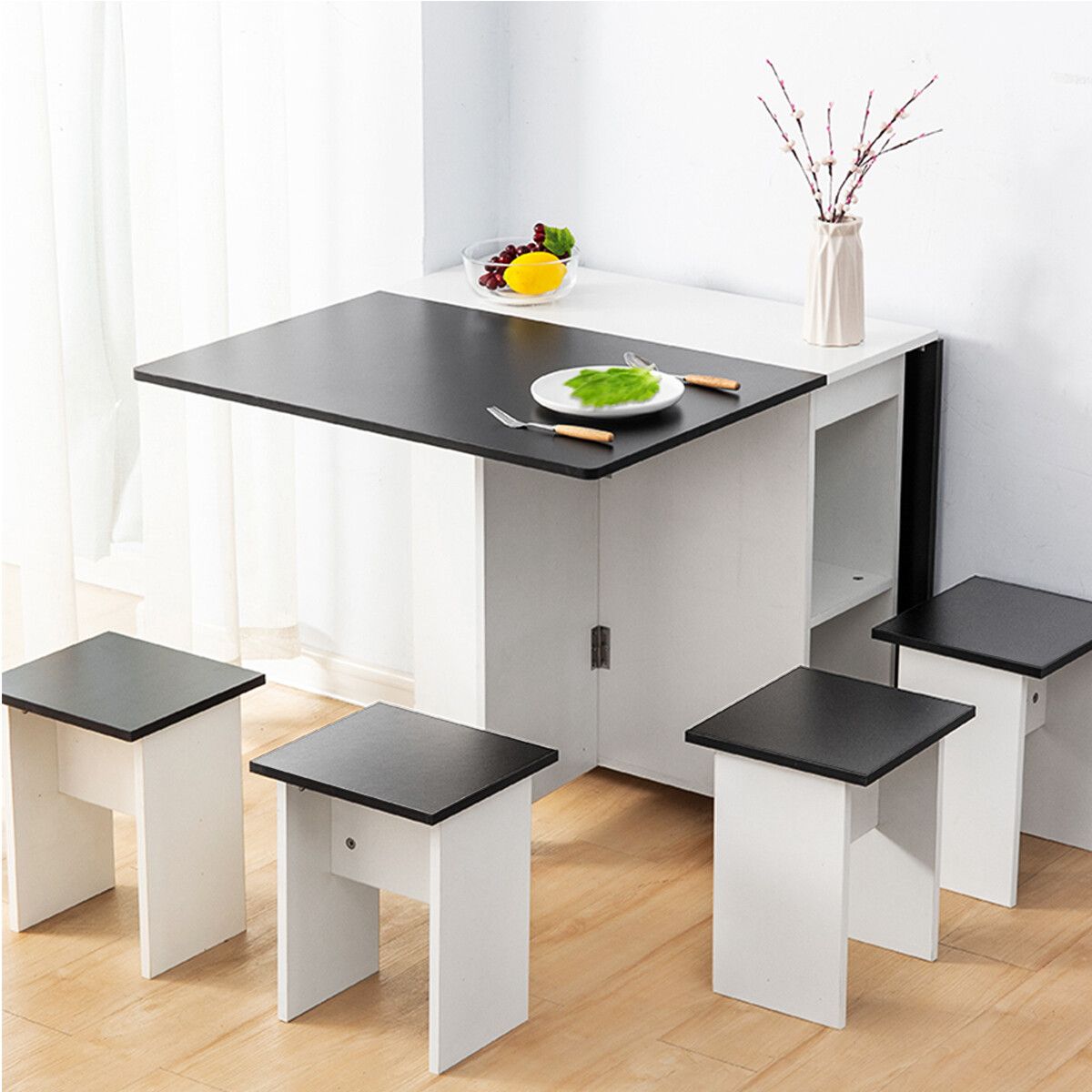 square dining table with storage stools