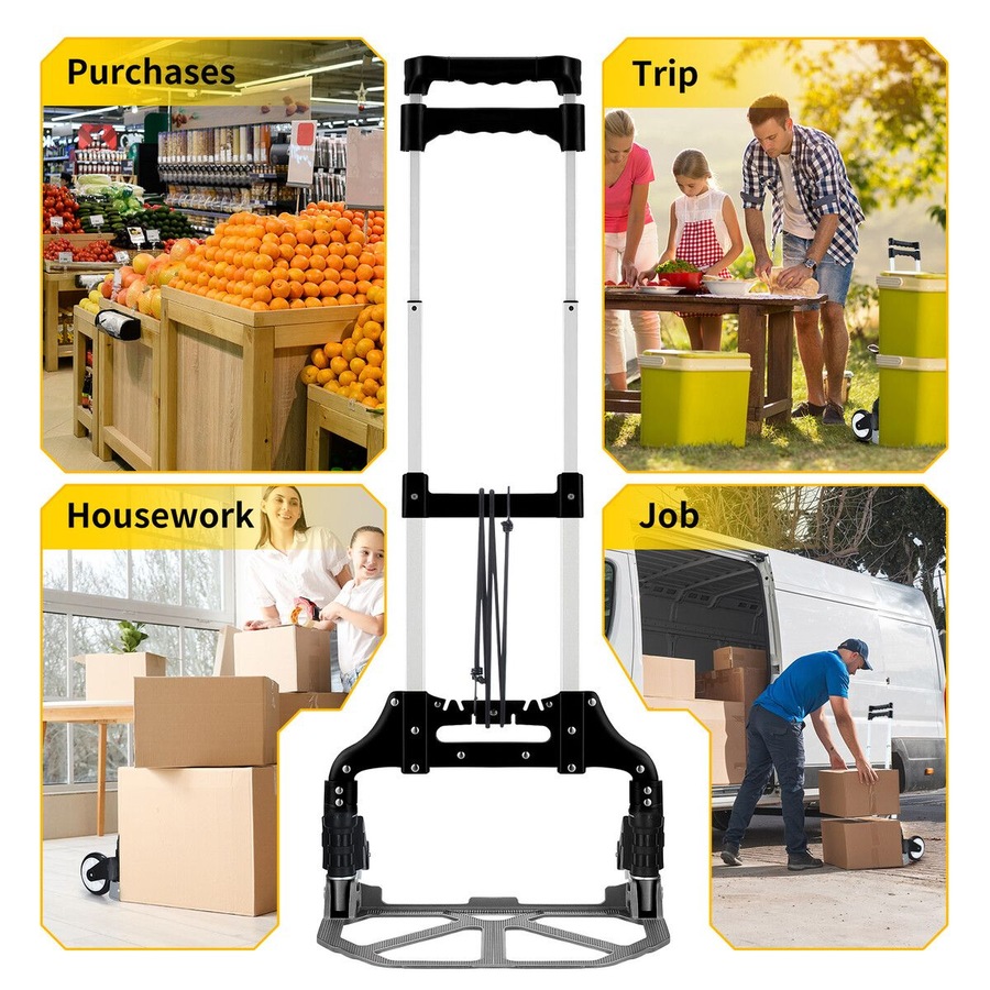 Folding Dolly Hand Truck Utility Luggage Cart Shopping Trolley Collapsible Foldable Telescopic Handle Moving Grocery Office Camping Portable Wheels