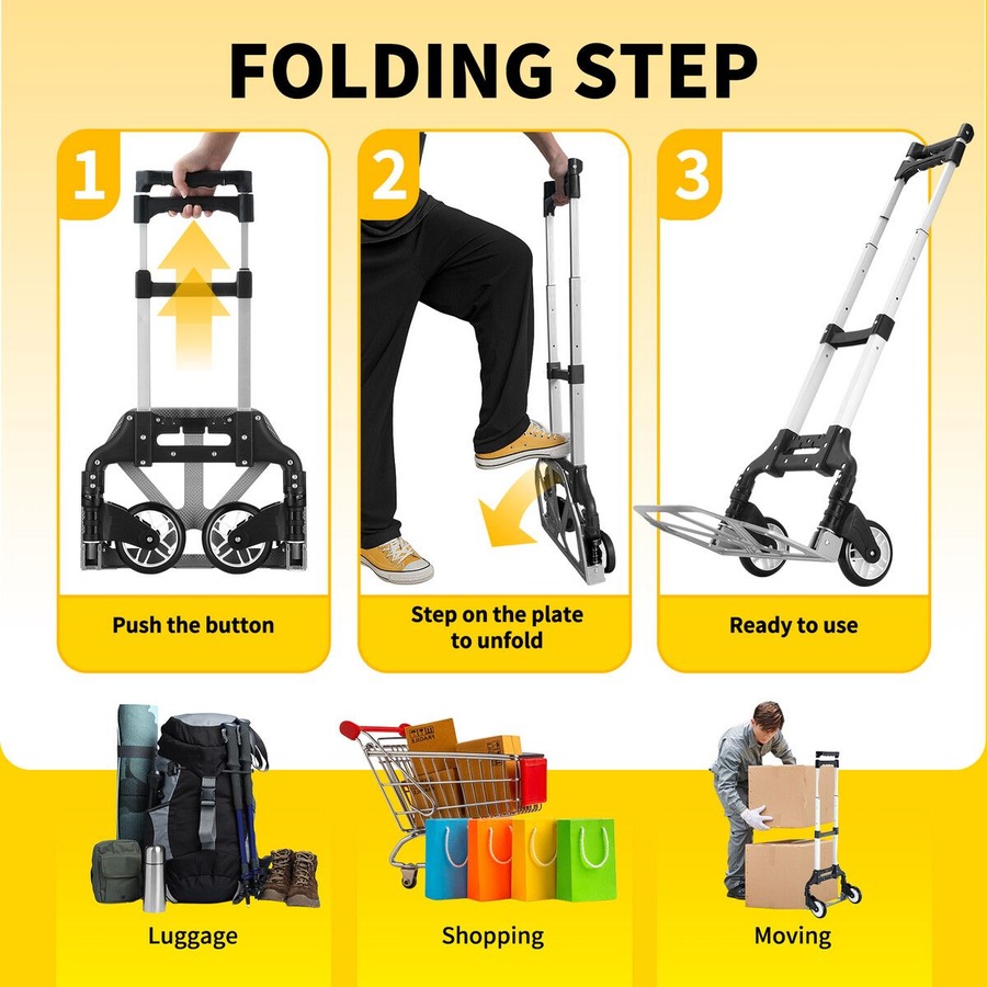 Folding Dolly Hand Truck Utility Luggage Cart Shopping Trolley Collapsible Foldable Telescopic Handle Moving Grocery Office Camping Portable Wheels
