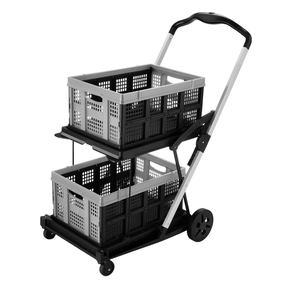 Folding Hand Truck Dolly Luggage Utility Cart Shopping Trolley Collapsible Foldable 2 Baskets Office Moving Grocery Camping Gym Tennis Ball 4 Wheels