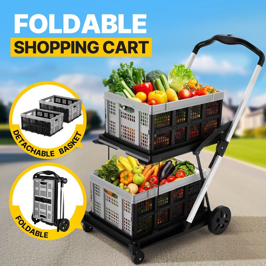 Folding Hand Truck Dolly Luggage Utility Cart Shopping Trolley Collapsible Foldable 2 Baskets Office Moving Grocery Camping Gym Tennis Ball 4 Wheels