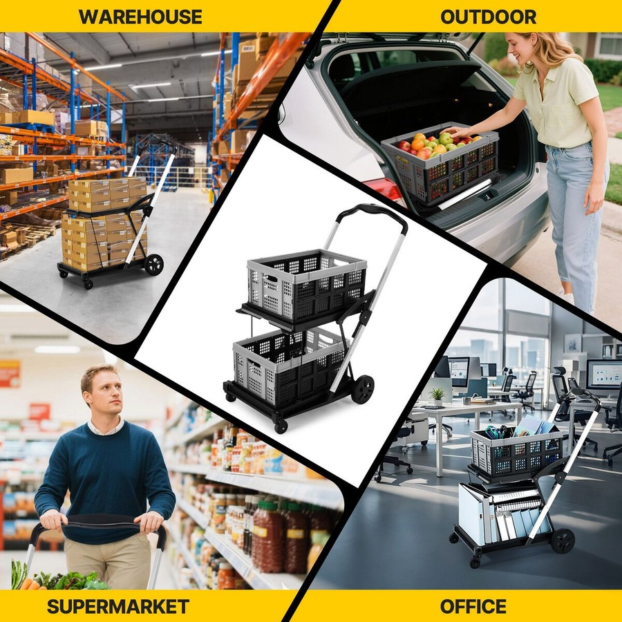 Folding Hand Truck Dolly Luggage Utility Cart Shopping Trolley Collapsible Foldable 2 Baskets Office Moving Grocery Camping Gym Tennis Ball 4 Wheels