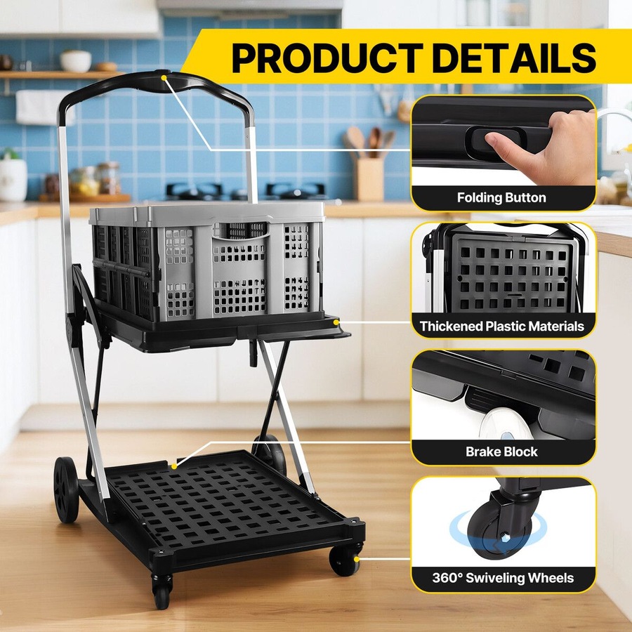 Folding Hand Truck Dolly Luggage Utility Cart Shopping Trolley Collapsible Foldable 2 Baskets Office Moving Grocery Camping Gym Tennis Ball 4 Wheels