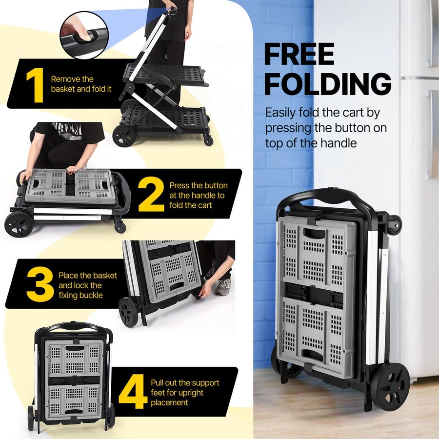 Folding Hand Truck Dolly Luggage Utility Cart Shopping Trolley Collapsible Foldable 2 Baskets Office Moving Grocery Camping Gym Tennis Ball 4 Wheels