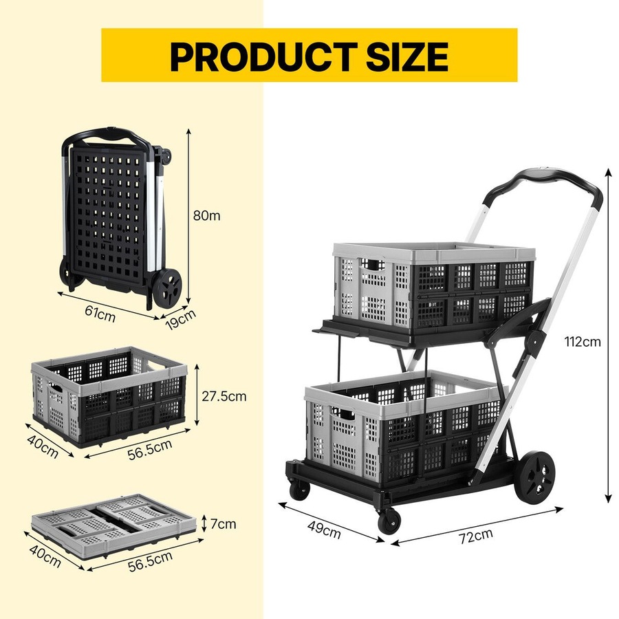 Folding Hand Truck Dolly Luggage Utility Cart Shopping Trolley Collapsible Foldable 2 Baskets Office Moving Grocery Camping Gym Tennis Ball 4 Wheels