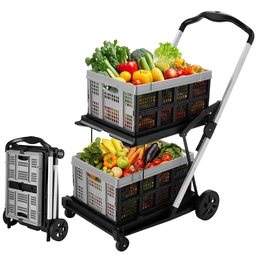 Folding Hand Truck Dolly Luggage Utility Cart Shopping Trolley Collapsible Foldable 2 Baskets Office Moving Grocery Camping Gym Tennis Ball 4 Wheels
