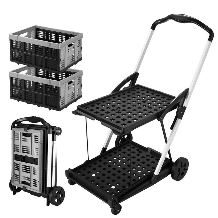 Folding Hand Truck Dolly Luggage Utility Cart Shopping Trolley Collapsible Foldable 2 Baskets Office Moving Grocery Camping Gym Tennis Ball 4 Wheels