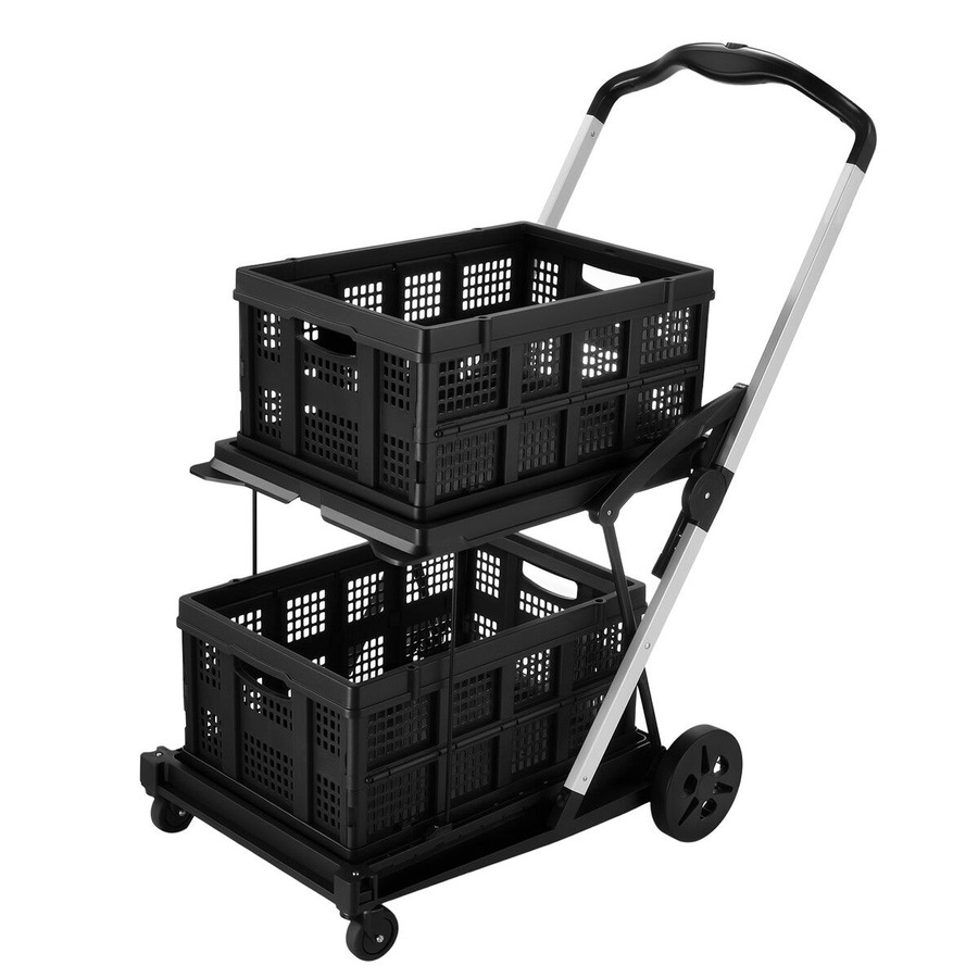 Folding Trolley Hand Truck Dolly Luggage Shopping Utility Cart Collapsible Foldable 2 Baskets for Office Moving Grocery Tennis Ball Camping 4 Wheels