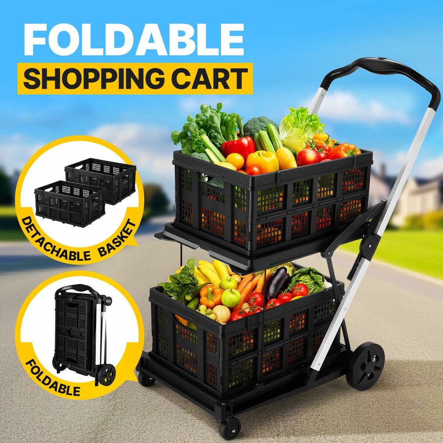 Folding Trolley Hand Truck Dolly Luggage Shopping Utility Cart Collapsible Foldable 2 Baskets for Office Moving Grocery Tennis Ball Camping 4 Wheels