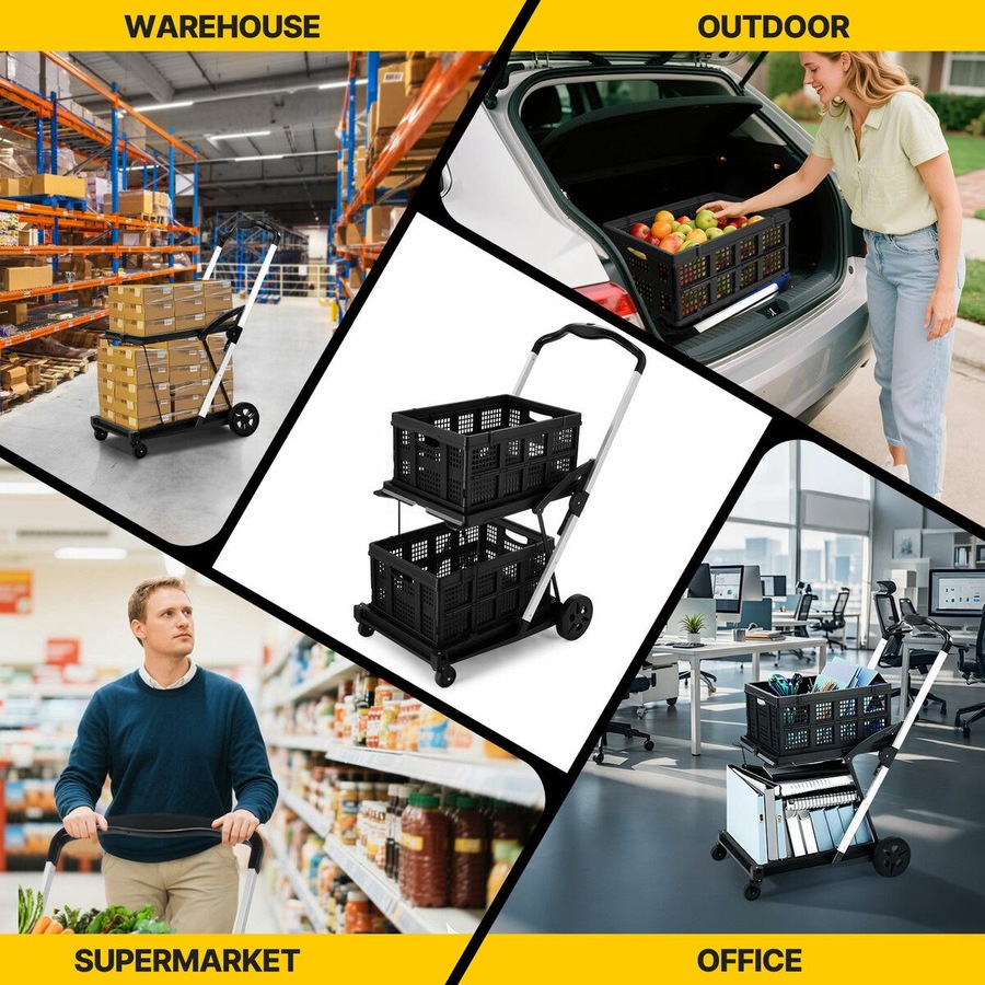 Folding Trolley Hand Truck Dolly Luggage Shopping Utility Cart Collapsible Foldable 2 Baskets for Office Moving Grocery Tennis Ball Camping 4 Wheels