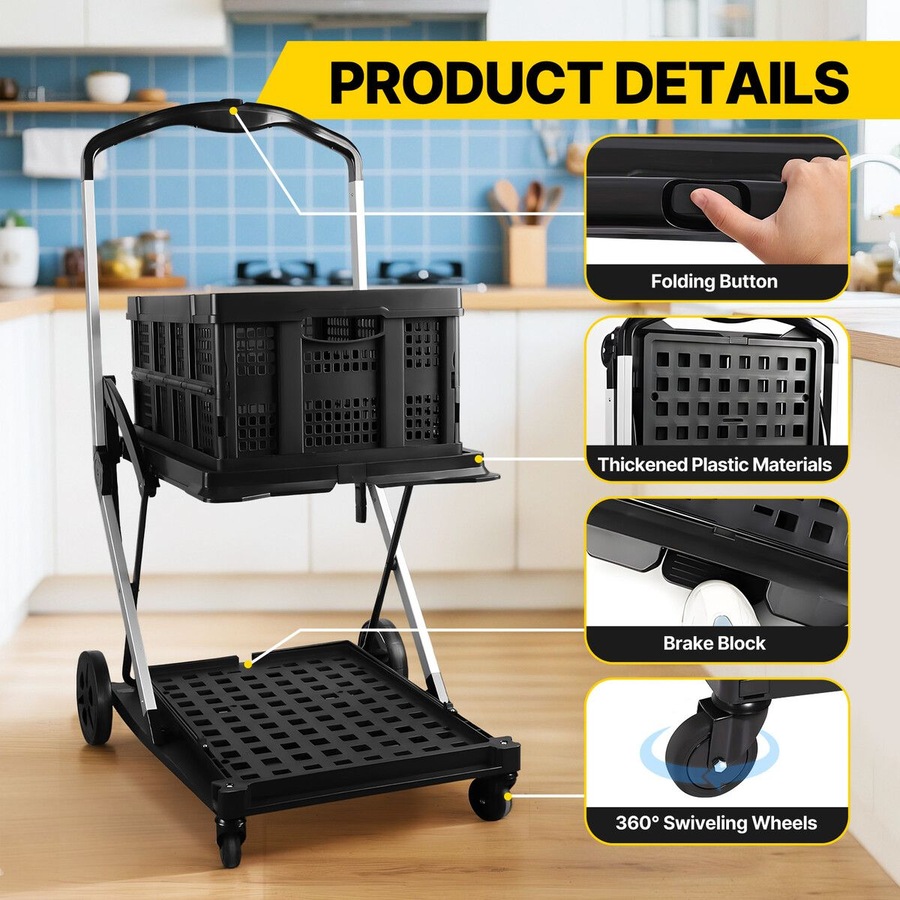 Folding Trolley Hand Truck Dolly Luggage Shopping Utility Cart Collapsible Foldable 2 Baskets for Office Moving Grocery Tennis Ball Camping 4 Wheels