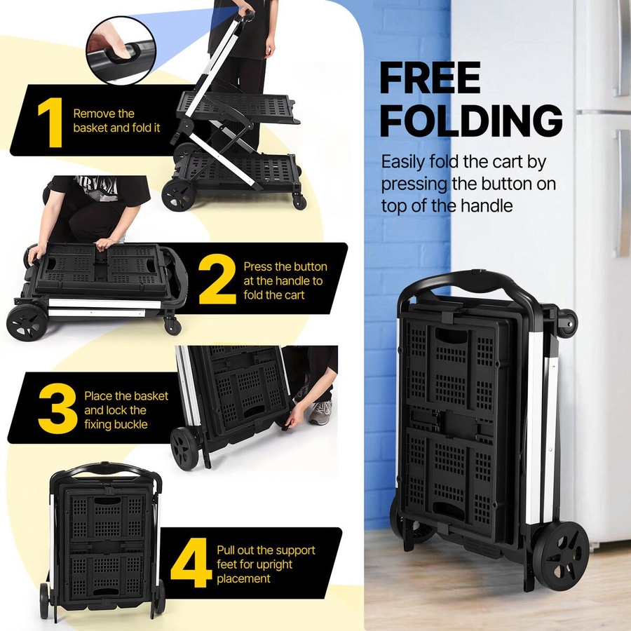 Folding Trolley Hand Truck Dolly Luggage Shopping Utility Cart Collapsible Foldable 2 Baskets for Office Moving Grocery Tennis Ball Camping 4 Wheels