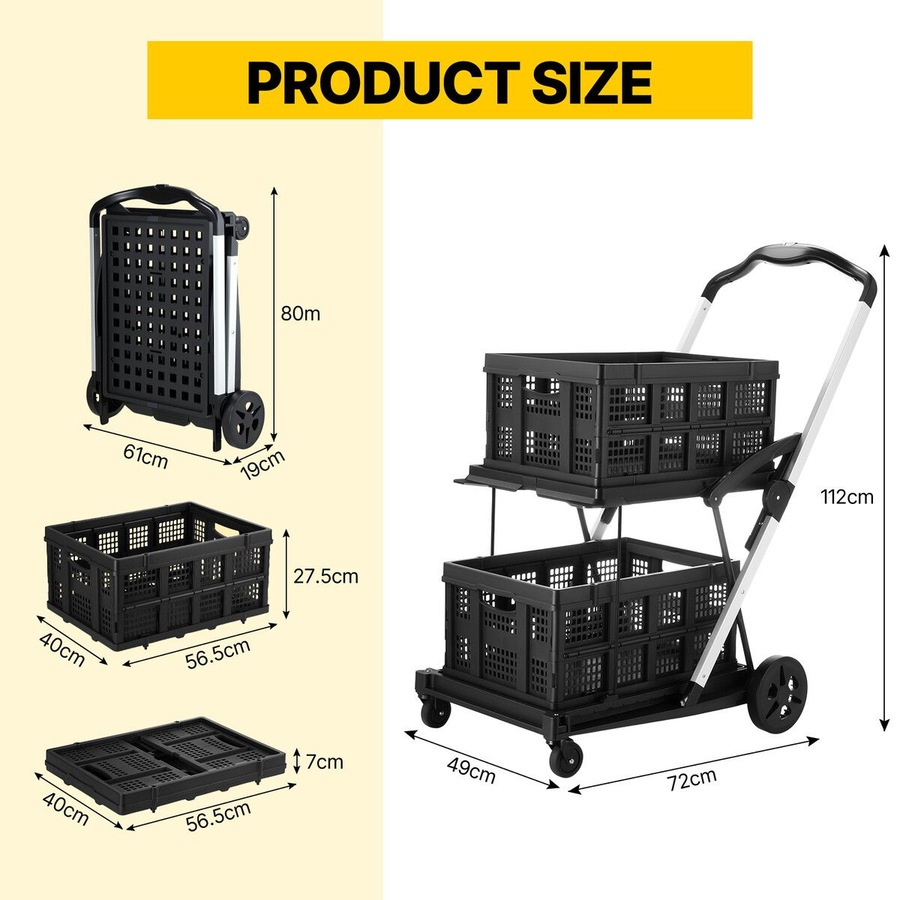 Folding Trolley Hand Truck Dolly Luggage Shopping Utility Cart Collapsible Foldable 2 Baskets for Office Moving Grocery Tennis Ball Camping 4 Wheels