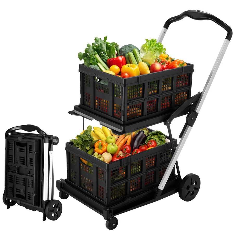 Folding Trolley Hand Truck Dolly Luggage Shopping Utility Cart Collapsible Foldable 2 Baskets for Office Moving Grocery Tennis Ball Camping 4 Wheels