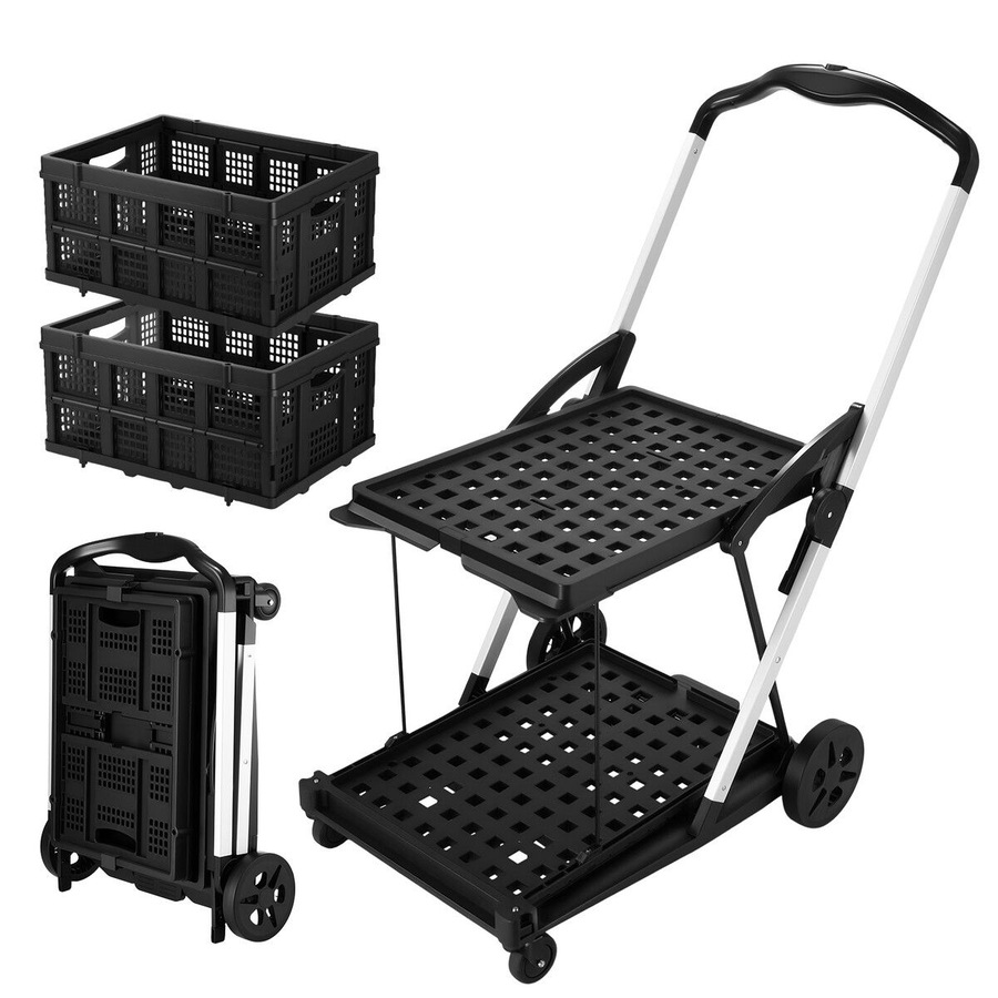 Folding Trolley Hand Truck Dolly Luggage Shopping Utility Cart Collapsible Foldable 2 Baskets for Office Moving Grocery Tennis Ball Camping 4 Wheels